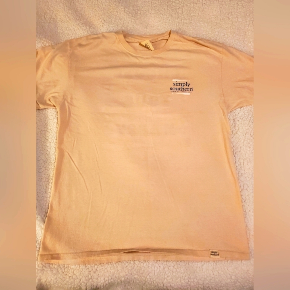 Womens Simply Southern, large cream colored short sleeved shirt.